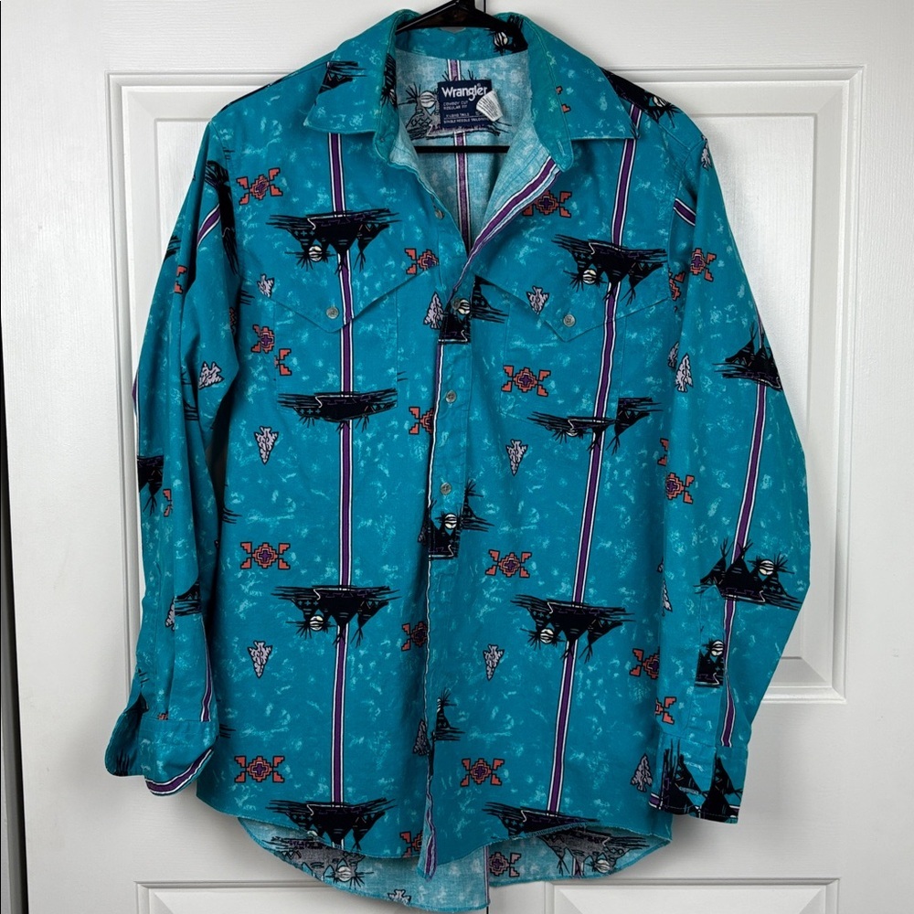 Vintage Gem 90s Wrangler Teal and Black Graphic Button Down - 16-34
